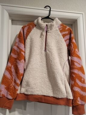 Cozy Half-Zip Sherpa Pullover Jacket - Cream with Orange & Pink Sleeves